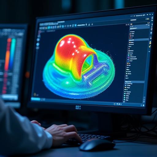 コンピュータ画面に表示された解析データと3Dモデル